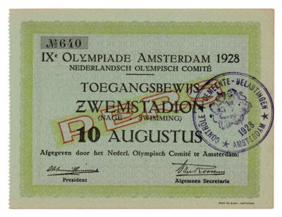 Lot #4283 Amsterdam 1928 Summer Olympics Season Pass for Swimming Events - Image 1