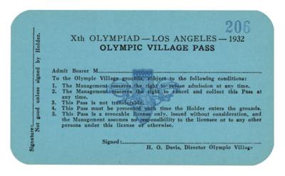 Lot #4291 Los Angeles 1932 Summer Olympics Village Pass - Image 1