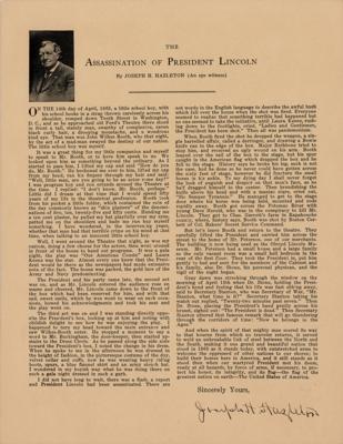 Lot #255 Lincoln Assassination: Joseph H. Hazleton Signed Souvenir Typescript