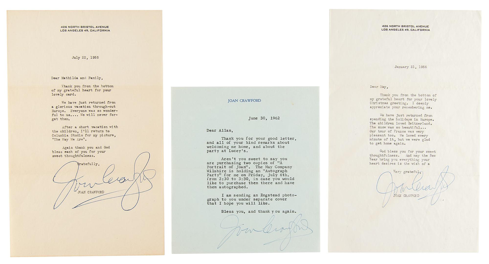 Joan Crawford 3 Typed Letters Signed Rr Auction