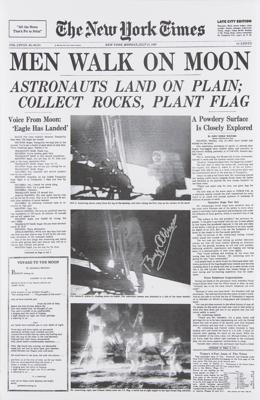 Lot #293 Buzz Aldrin Signed Printed Newspaper Front Page