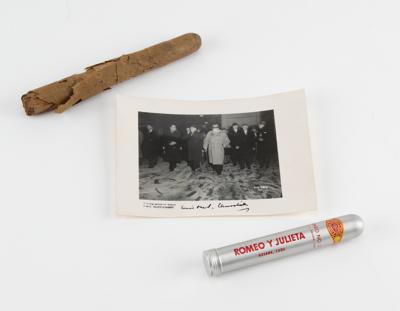 Lot #99 Winston Churchill Signed Photograph and (2) Cigars from an RMS Queen Mary Voyage