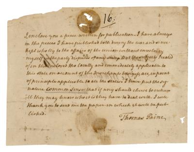 Lot #128 Thomas Paine Autograph Letter Signed on 'Common Sense' Article - Image 1