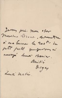 Lot #326 Edgar Degas Autograph Letter Signed on a