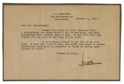 Lot #421 H. L. Mencken Typed Letter Signed - Image 1