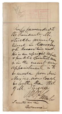 Lot #58 Benjamin Harrison Autograph Endorsement Signed to Pres. Chester A. Arthur - Image 1