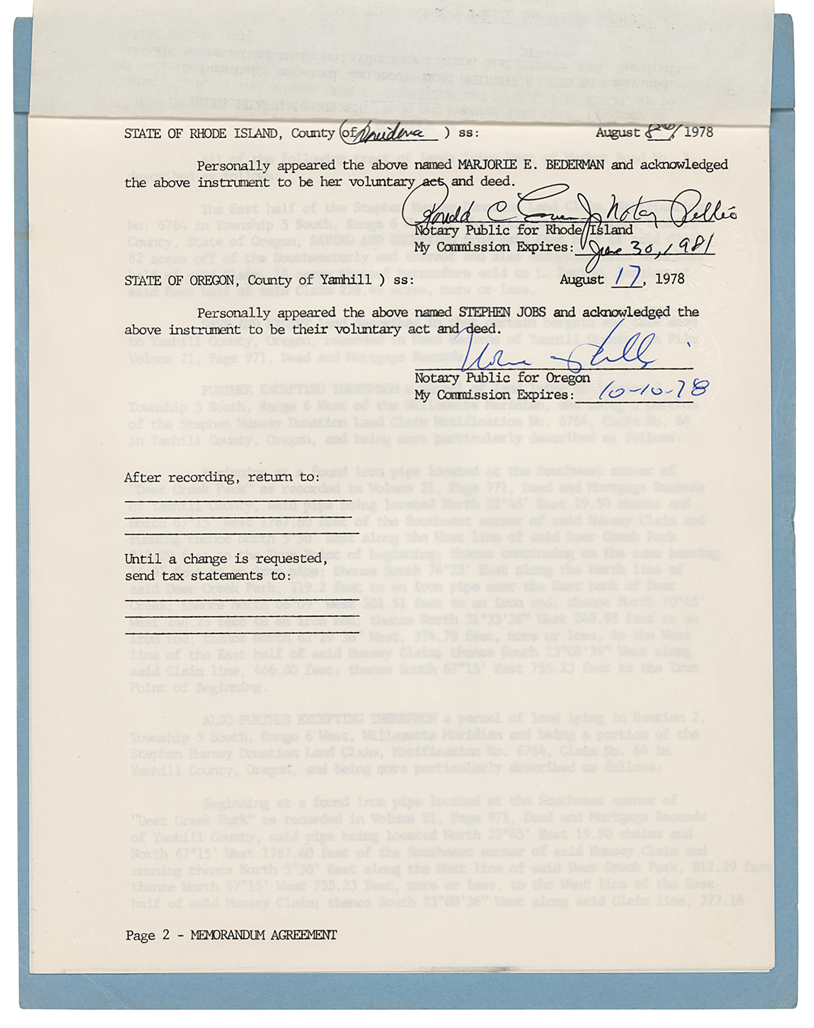 Lot #5080 Steve Jobs Signed Real Estate Document for Yamhill Country, Oregon (Home to Original 'Apple' Orchard) - Image 2