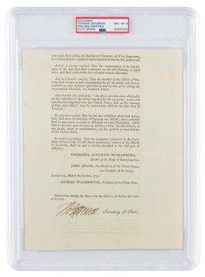 Lot #6 Thomas Jefferson Document Signed as Secretary of State on Vermont's Entry into Union