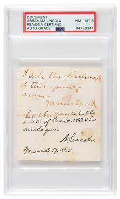 Lot #22 Abraham Lincoln Autograph Endorsement Signed as President - PSA NM-MT 8 - Image 1