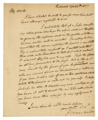 Lot #118 John Marshall Autograph Letter Signed on Habeas Corpus Opinion