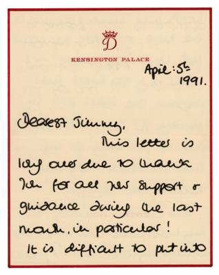 Lot #128 Princess Diana Autograph Letter Signed to Jimmy Savile