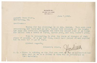 Lot #668 Harry Houdini Typed Letter Signed on Anti-Semitic Remarks