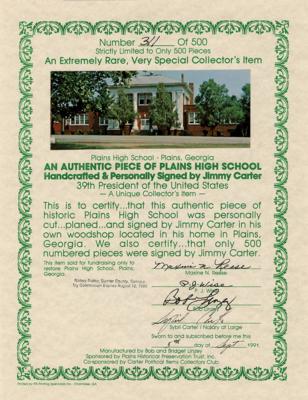 Lot #55 Jimmy Carter Signed and Handcrafted Wood from Plains High School - Image 3