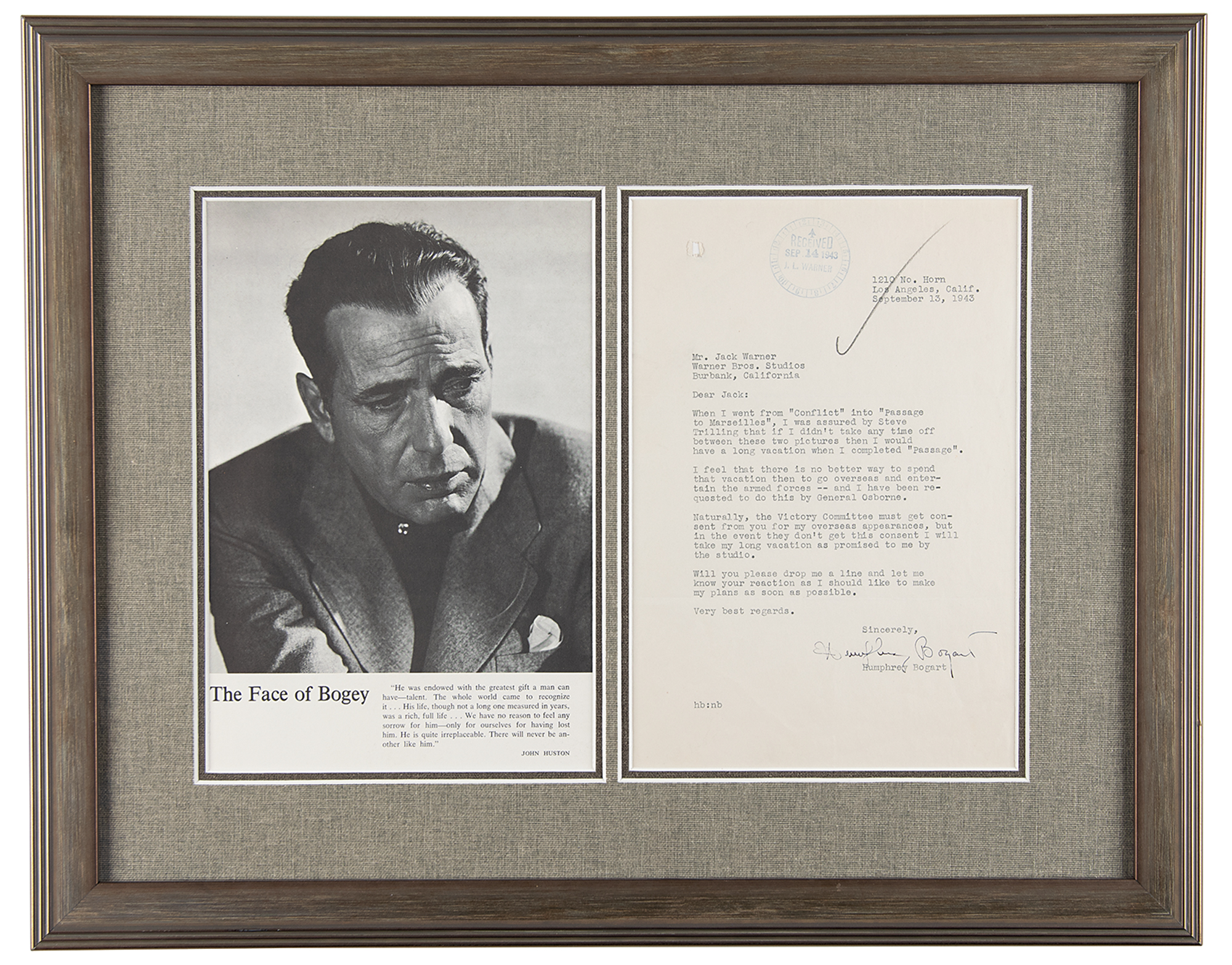 Humphrey Bogart Typed Letter Signed to the President of Warner Bros.