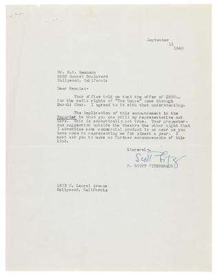 Lot #377 F. Scott Fitzgerald Sends a Sharp Letter to His Former Literary Agent - Image 1