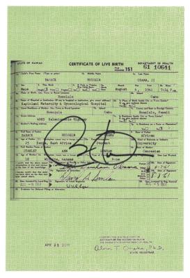 Lot #91 Barack Obama Signed Mock Birth Certificate - Image 1