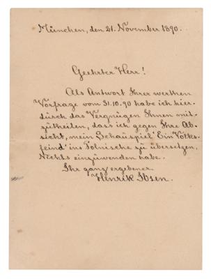 Lot #385 Henrik Ibsen Autograph Letter Signed on 'An Enemy of the People' Translation - Image 1