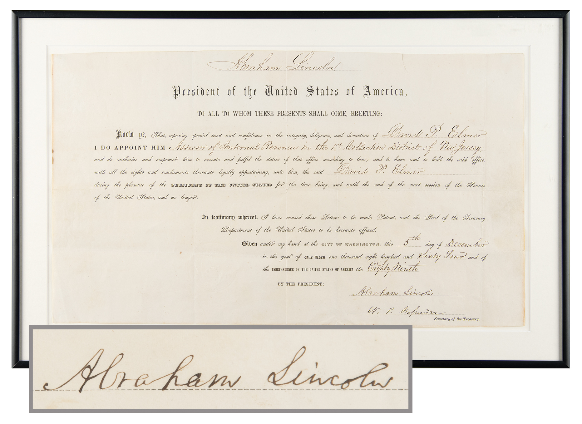 Lot #21 Abraham Lincoln Document Signed as President for Internal Revenue Assessor