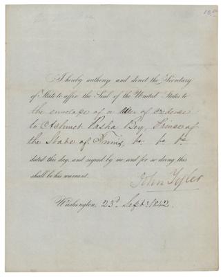 Lot #14 John Tyler Sends a Letter of Support to Ahmad Pasha Bey, the 'Great Reformer' of Modern Tunisia - Image 1