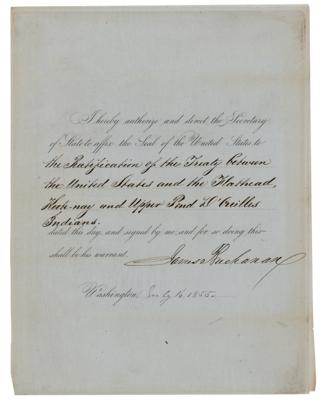 Lot #20 James Buchanan Ratifies the Treaty of Hellgate and the Establishment of the Flathead Indian Reservation - Image 1