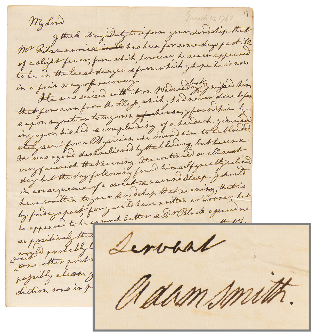 Lot #157 Adam Smith Autograph Letter Signed on a Student's Sickness - One Year After Publishing The Theory of Moral Sentiments