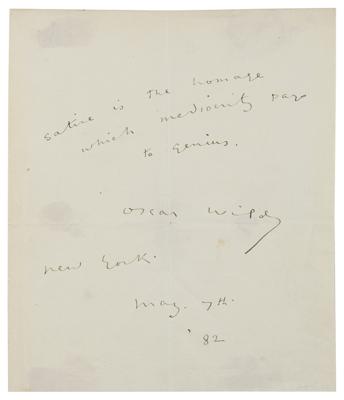 Lot #406 Oscar Wilde Autograph Quotation Signed: "Satire is the homage which mediocrity pays to genius" - Image 1