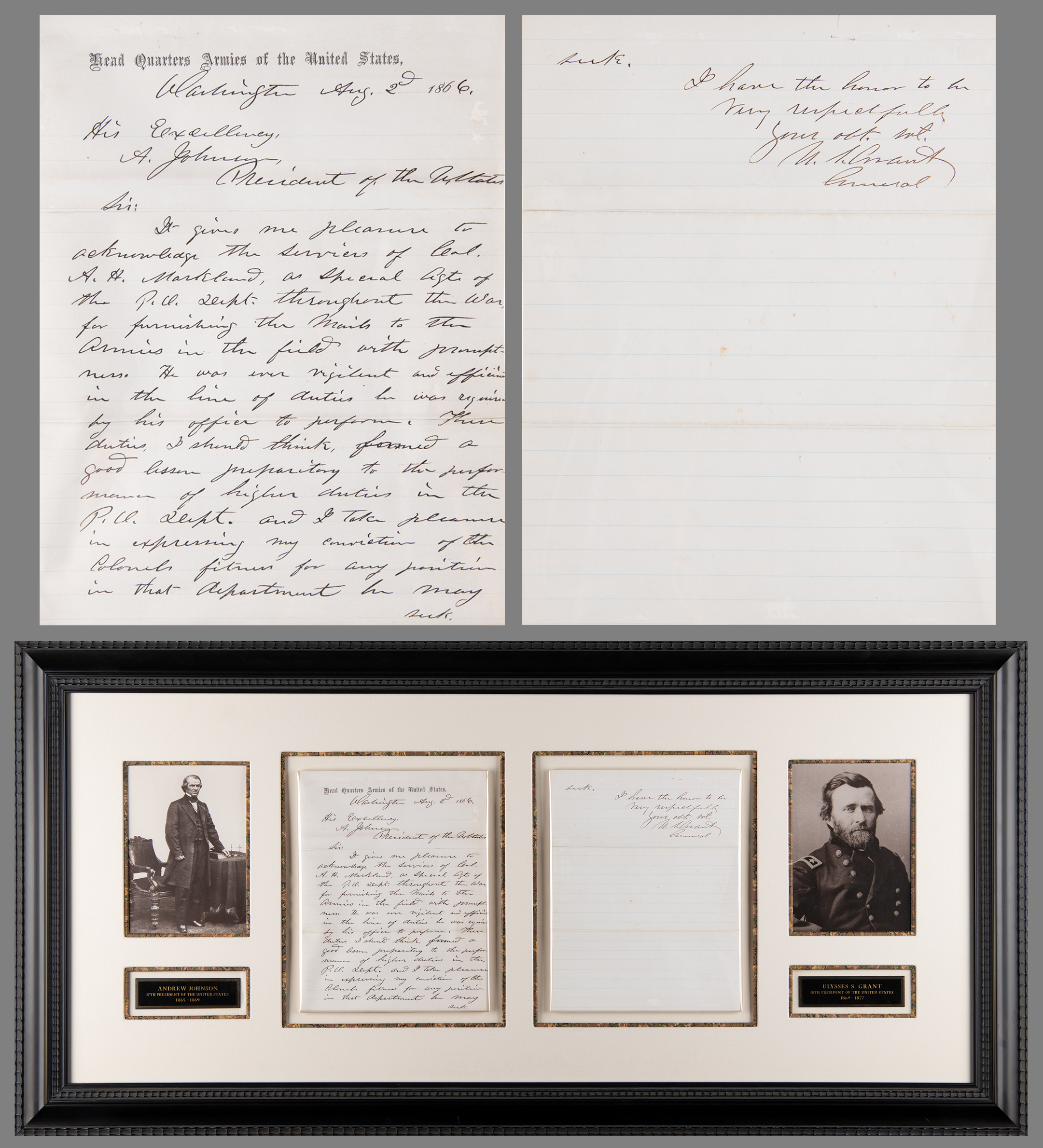 Lot #14 U. S. Grant Autograph Letter Signed to President Andrew Johnson, Recommending a Civil War Post Office Agent - Image 1