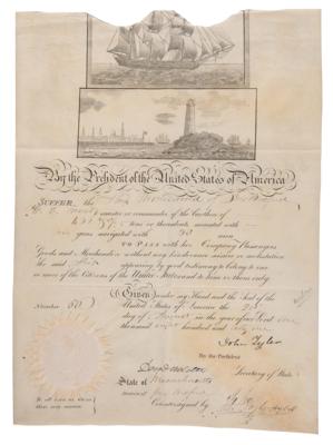 Lot #105 John Tyler and Daniel Webster Document Signed as President and Secretary of State for 'Ship Moctezuma'