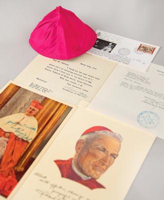 Lot #187 Cardinal Cushing and Cardinal Spellman (5) Signed Items with an Archbishop Zucchetto
