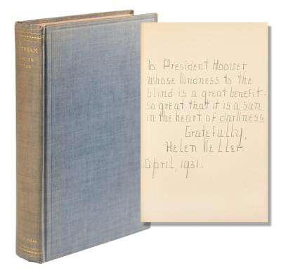 Lot #140 Helen Keller Signed Book to President Hebert Hoover: Whose kindness to the blind is a great benefit—so great that it is a sun in the heart of darkness