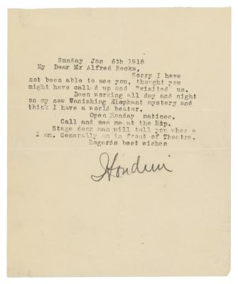 Lot #822 Harry Houdini Typed Letter Signed on Vanishing Elephant Trick