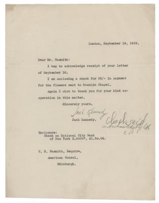 Lot #33 John F. Kennedy Typed Letter Signed on Memorial for a WWII Airman Killed While in Active Service with the Royal Air Force on September 8, 1939 - Image 1