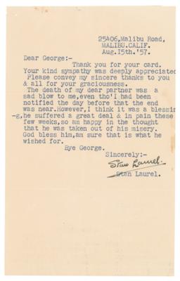 Lot #898 Stan Laurel Typed Letter Signed on the Death of Oliver Hardy - Image 1