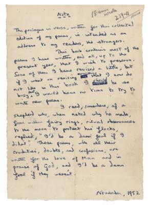 Lot #540 Dylan Thomas Handwritten Manuscript for Note Published in Collected Poems 1934-1952