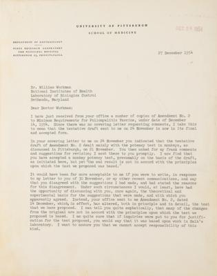 Lot #154 Jonas Salk Typed Letter Signed on Polio Vaccine and Efforts to bring about the conclusion of the problem of poliomyelitis