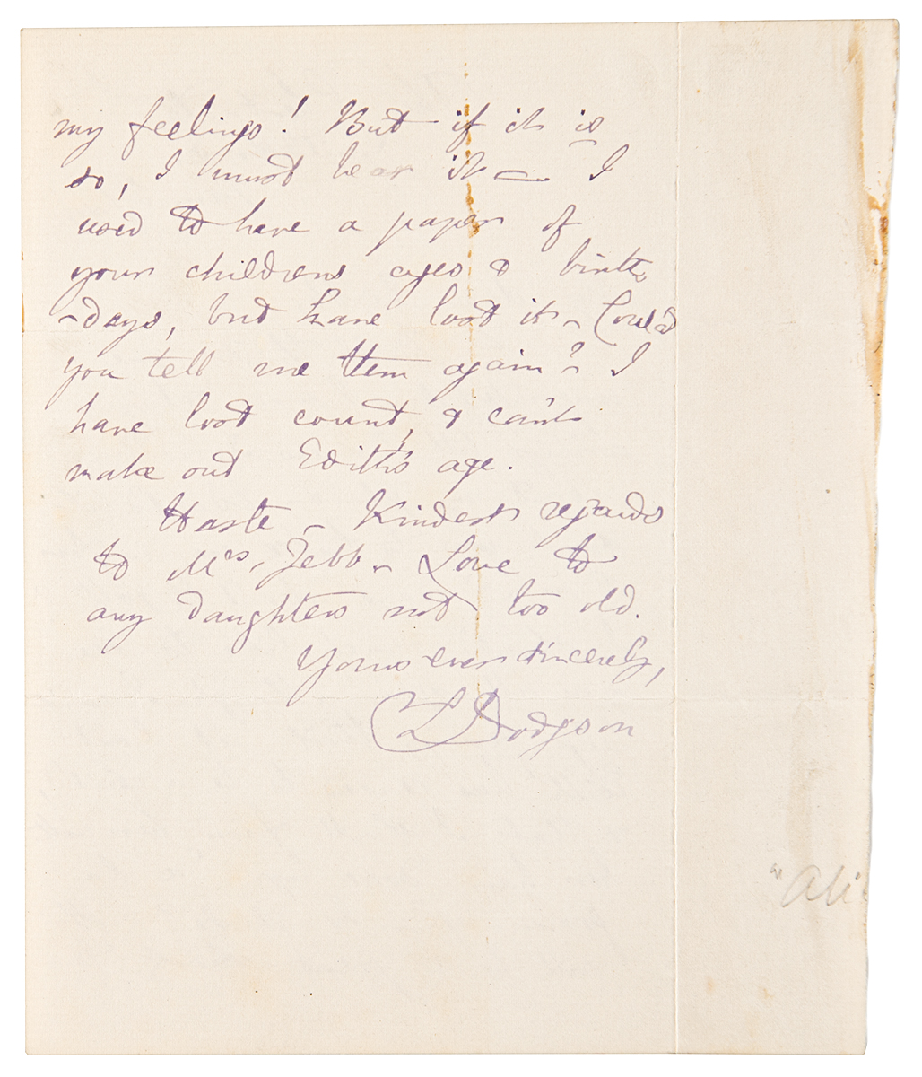 Lot #519 Charles L. Dodgson Autograph Letter Signed: "Love to any daughters not too old" - Image 2