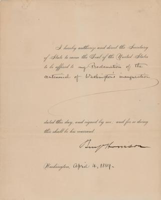 Lot #21 Benjamin Harrison Document Signed as President on the Centennial of George Washington's Inauguration