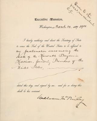 Lot #76 Six Months Before His Own Death, President William McKinley Announces the Passing of Benjamin Harrison, formerly President of the United States