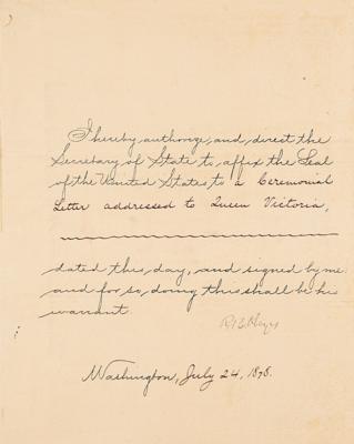 Lot #62 President Rutherford B. Hayes Sends His Condolences to Queen Victoria on the Death of George V of Hanover - Image 1