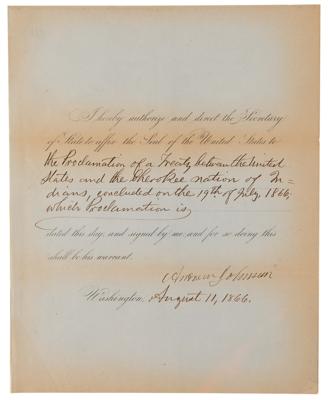 Lot #11 President Andrew Johnson Approves a Pact that Abolishes Slavery within the Cherokee Nation