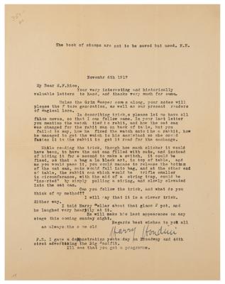Lot #819 Harry Houdini Typed Letter Signed on Rabbit Magic Trick - Image 1