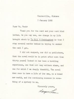 Lot #529 Harper Lee Typed Letter Signed on To Kill A Mockingbird: Its continuing success is something of a mystery to me