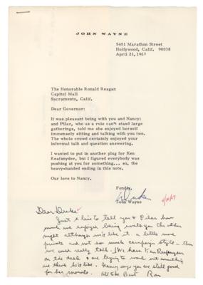 Lot #90 Ronald Reagan and John Wayne Autograph/Typed Letter Signed: "We'd like it a little more private and not so much campaign style—then we could really talk" - Image 1