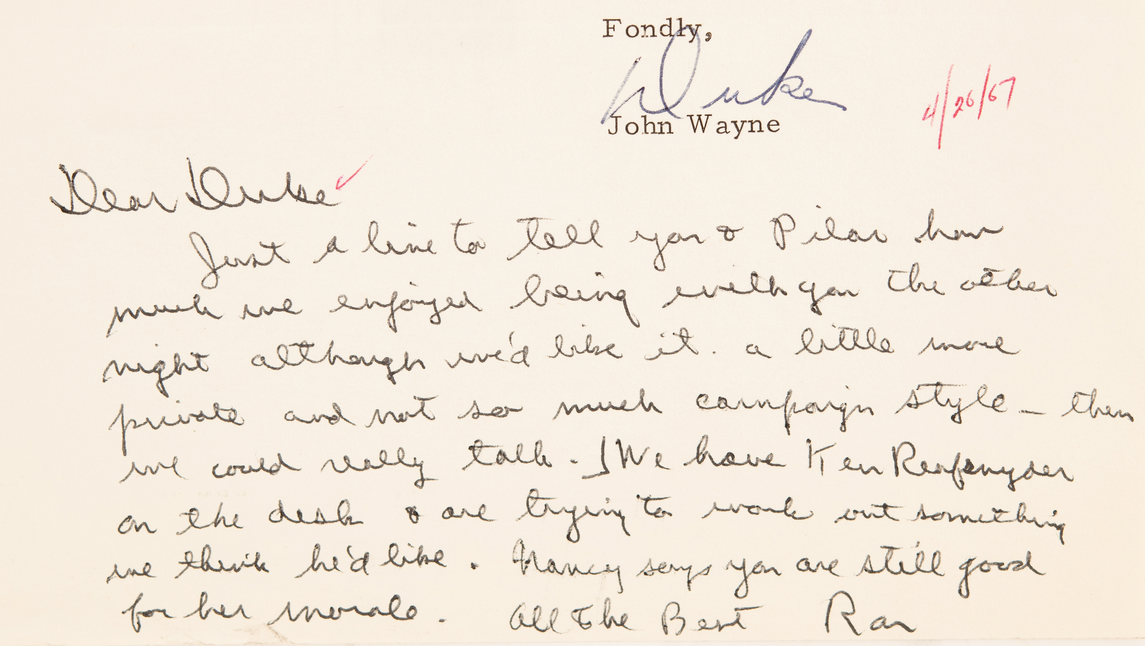 Lot #90 Ronald Reagan and John Wayne Autograph/Typed Letter Signed: "We'd like it a little more private and not so much campaign style—then we could really talk" - Image 2
