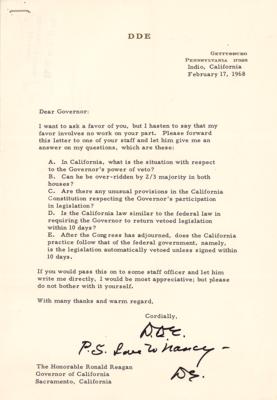 Lot #46 Dwight D. Eisenhower Typed Letter Signed to Gov. Ronald Reagan on California Veto Process