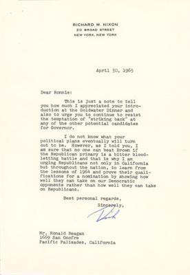 Lot #82 Richard Nixon Typed Letter Signed to Ronald Reagan with Political Advice (1965): "Resist the temptation of 'striking back'" - Image 1