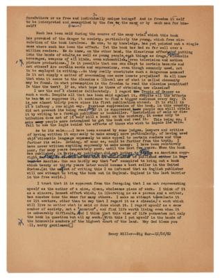Lot #566 Henry Miller Hand-Corrected Typed Draft of Letter to Supreme Court on Censorship of Tropic of Cancer - Image 3