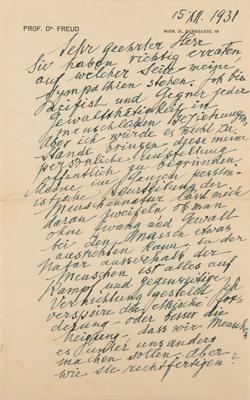 Lot #157 Sigmund Freud Autograph Letter Signed: "I am a pacifist" - Image 2