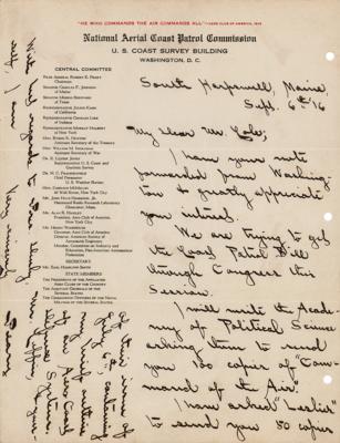 Lot #252 Robert E. Peary Autograph Letter Signed as Chairman of the National Aerial Cost Patrol Commission - Image 1