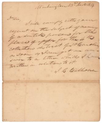 Lot #183 John C. Calhoun Autograph Letter Signed